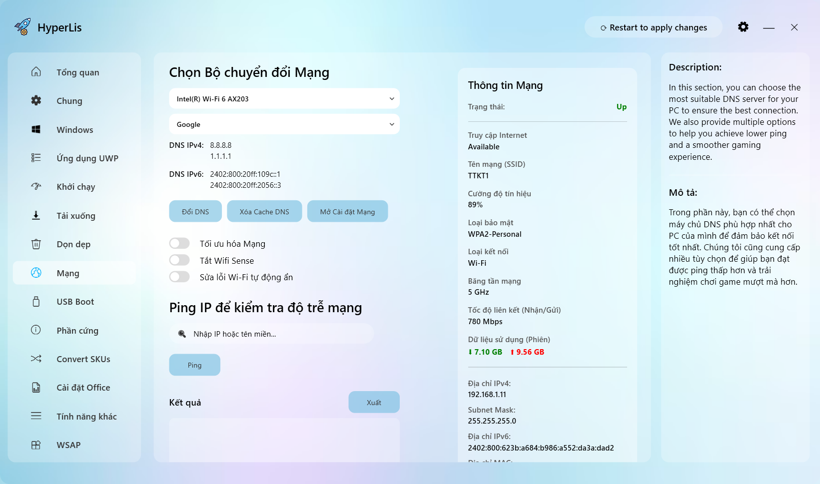 Giao diện tab Mạng (Network)
